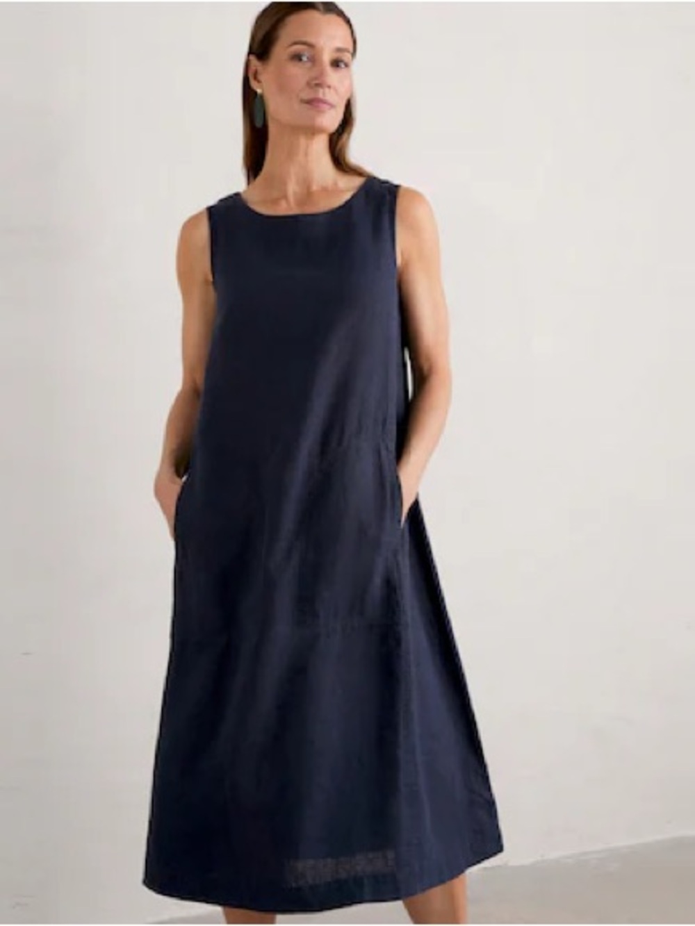 Linen A-Line Maxi Dress Black Sleeveless Round Neck Relaxed Fit Size Medium